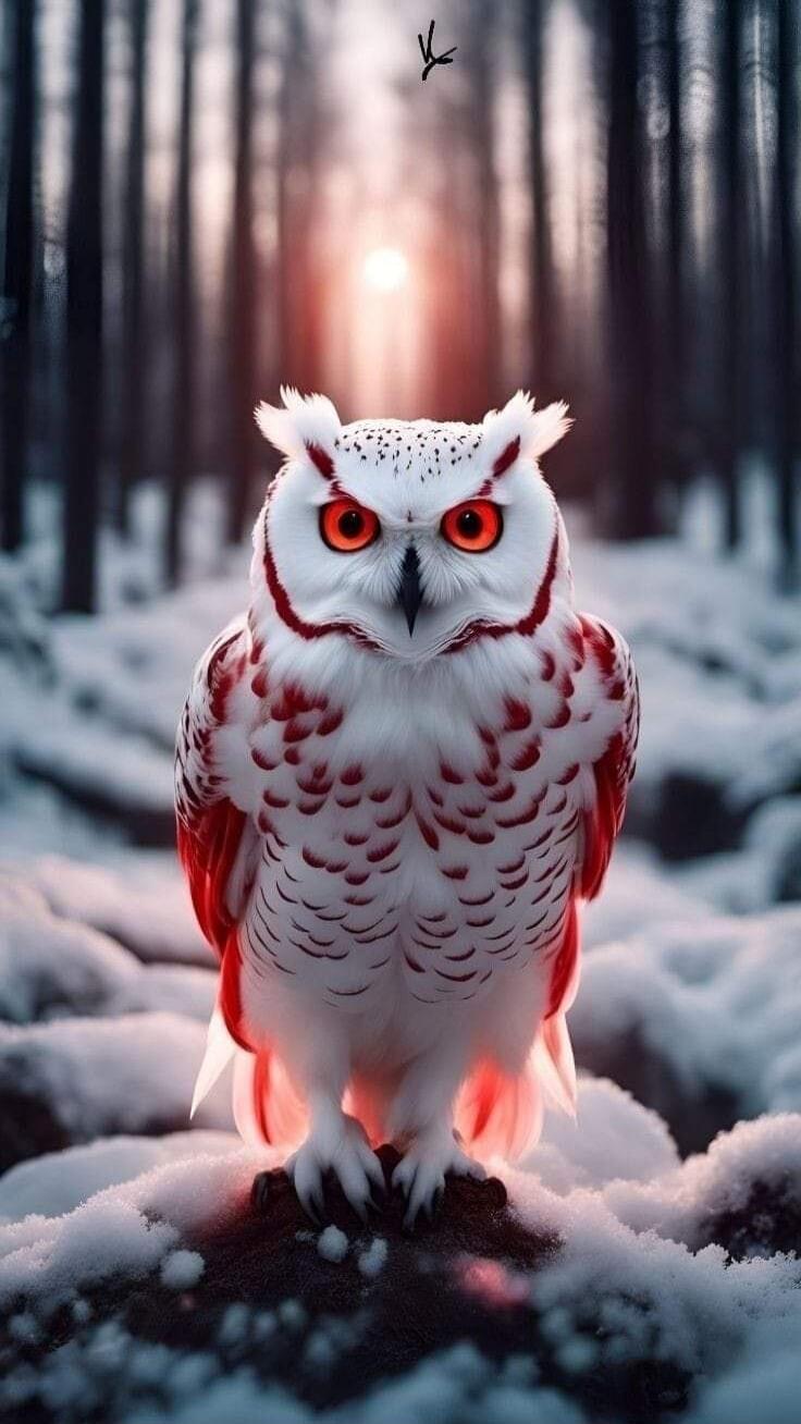 An owl with striking red eyes and red markings, standing on snow in a snowy forest.