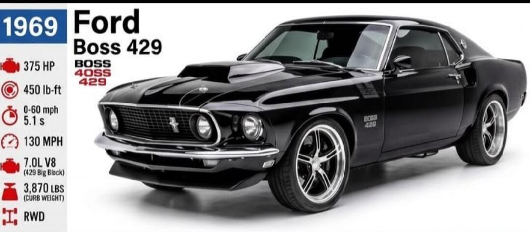 1969 Ford Boss 429. Specifications: 375 HP, 450 lb-ft, 0-60 mph in 5.1 seconds, 130 MPH top speed, 7.0L V8 (429 Big Block) engine, 3,870 LBS (Curb Weight), RWD.
