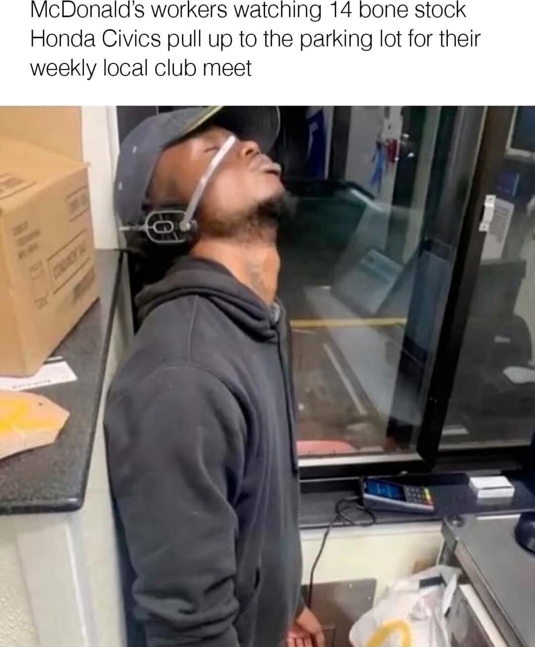 S workers watching 14 bon Honda Civics pull up to the parking lot for their weekly local club meet