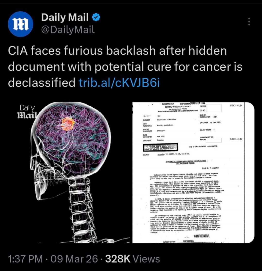 Daily Mail @DailyMail CIA faces furious backlash after hidden document with potential cure for cancer is declassified trib.al/ckVJB6i
