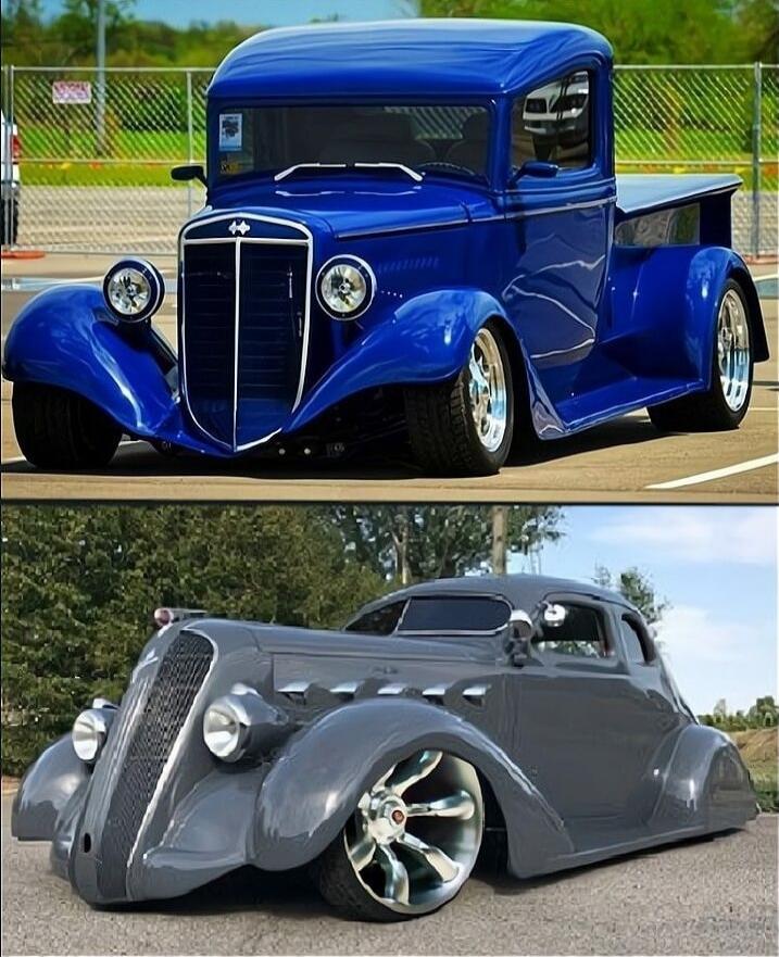 Two custom classic cars: a blue hot rod and a sleek gray vintage car.