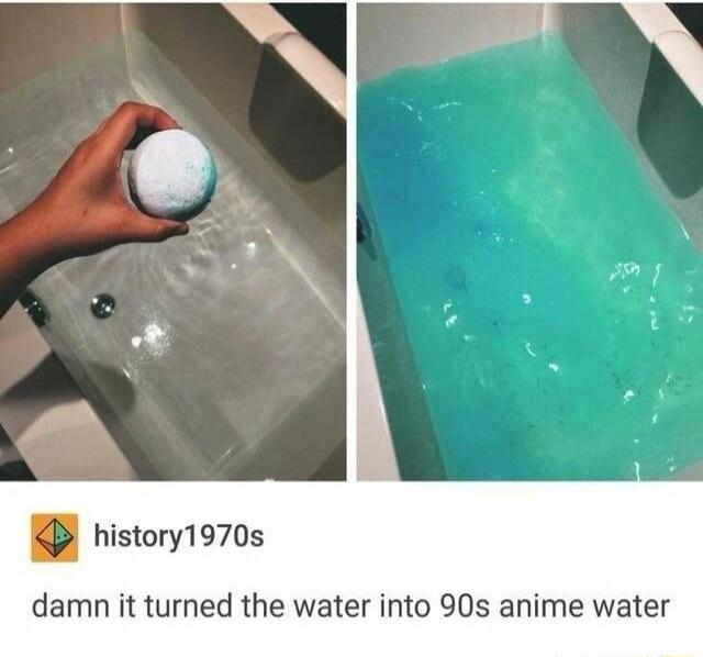 A hand is holding a bath bomb over a bathtub with clear water. The second image shows the bathtub filled with vibrant blue-green water after the bath bomb has dissolved. The accompanying text reads: 