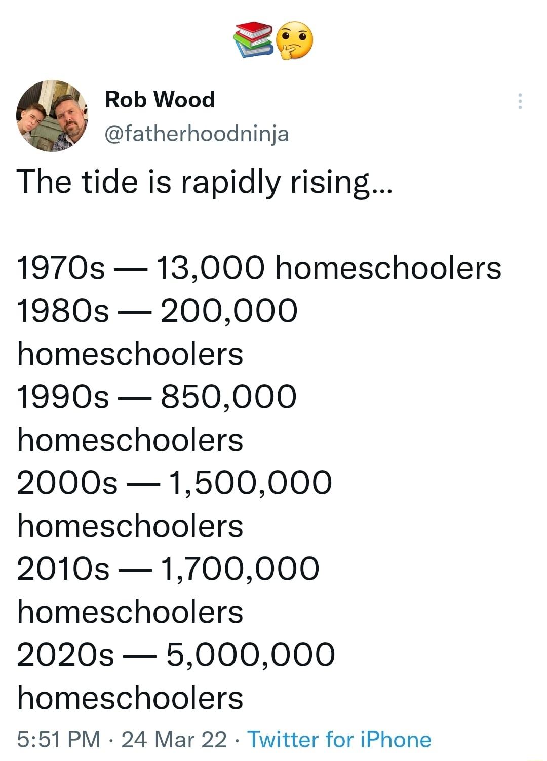 8 P Rob Wood ey Ofatherhoodninja The tide is rapidly rising 1970s 13000 homeschoolers 1980s 200000 homeschoolers 1990s 850000 homeschoolers 2000s 1500000 homeschoolers 2010s 1700000 homeschoolers 2020s 5000000 homeschoolers 551 PM 24 Mar 22 Twitter for iPhone