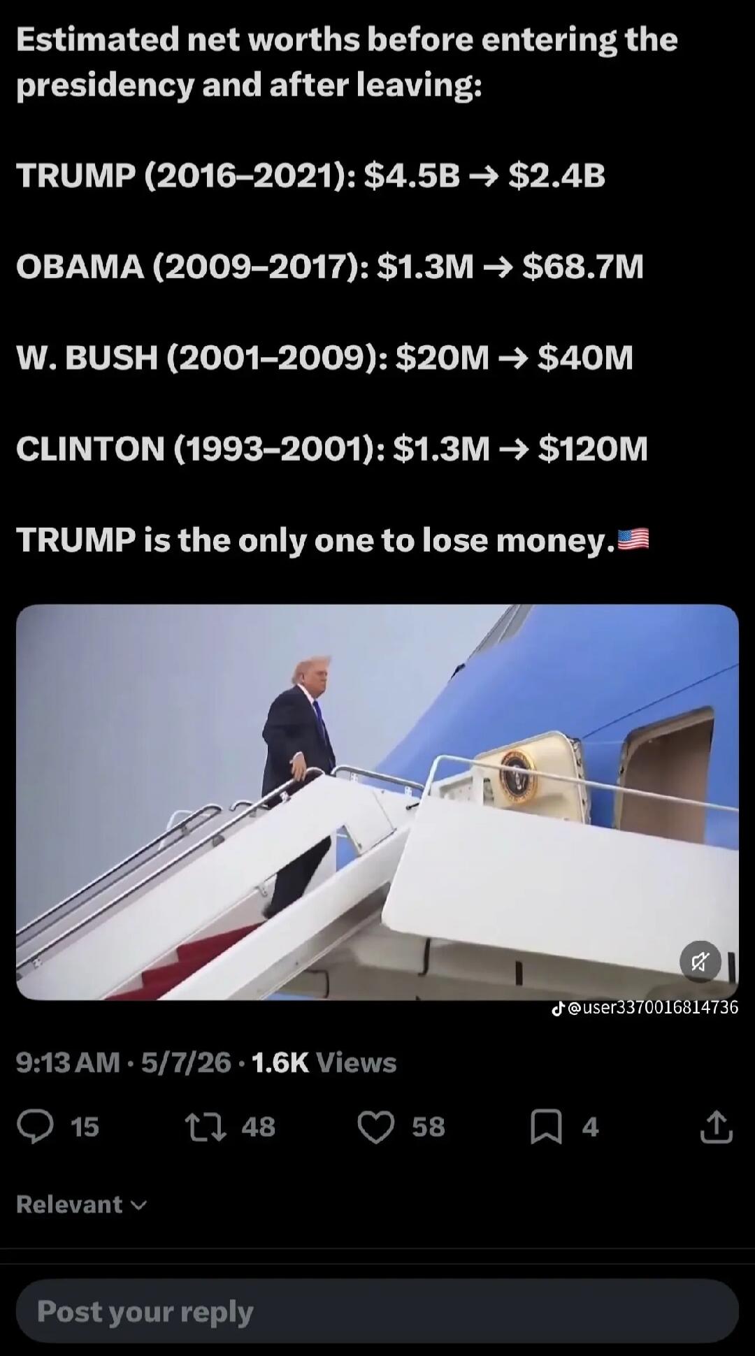 Estimated net worths before entering the presidency and after leaving: TRUMP (2016-2021): $4.5B -> $2.4B OBAMA (2009-2017): $1.3M -> $68.7M W. BUSH (2001-2009): $20M -> $40M CLINTON (1993-2001): $1.3M -> $120M TRUMP is the only one to lose money. 🇺🇸