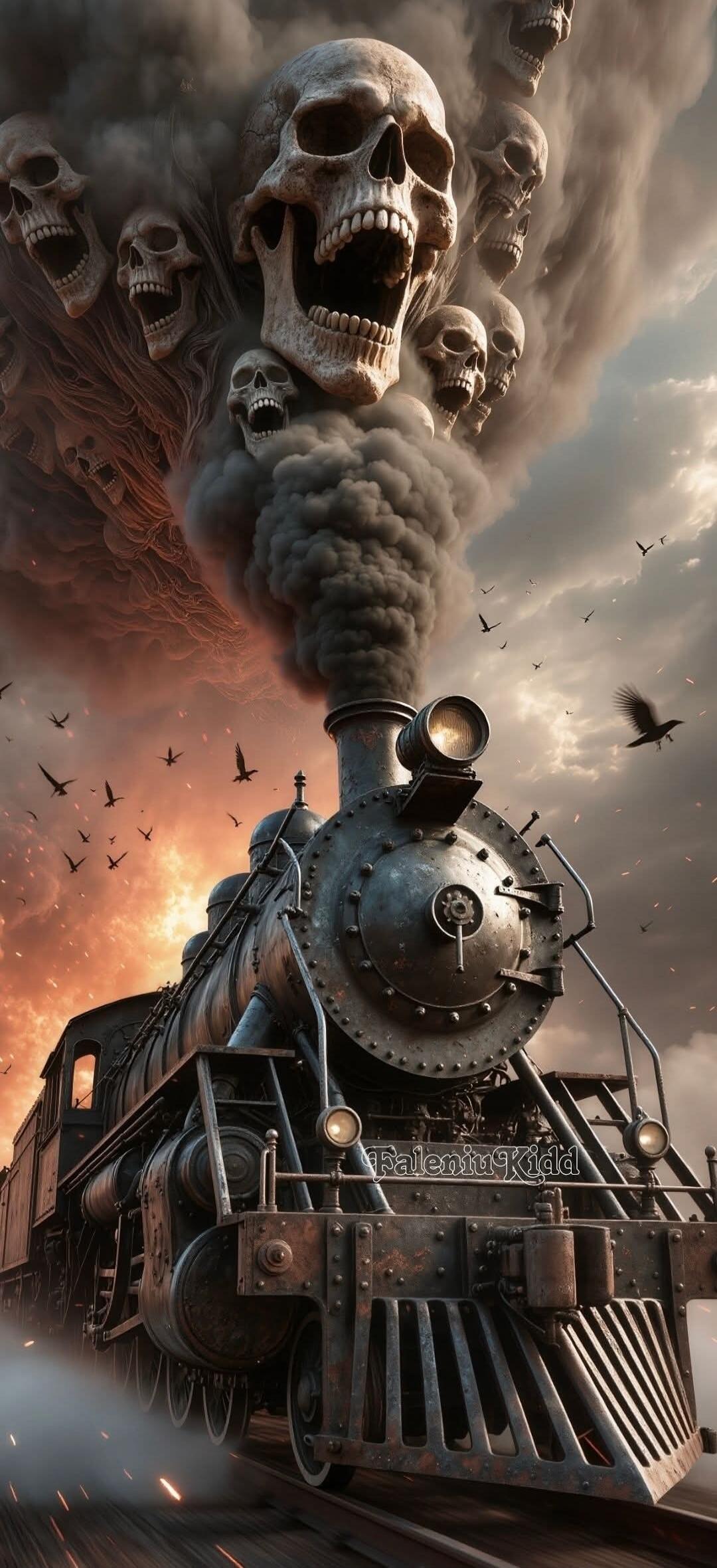 A steam locomotive emitting giant skulls from dark smoke, with birds flying around.