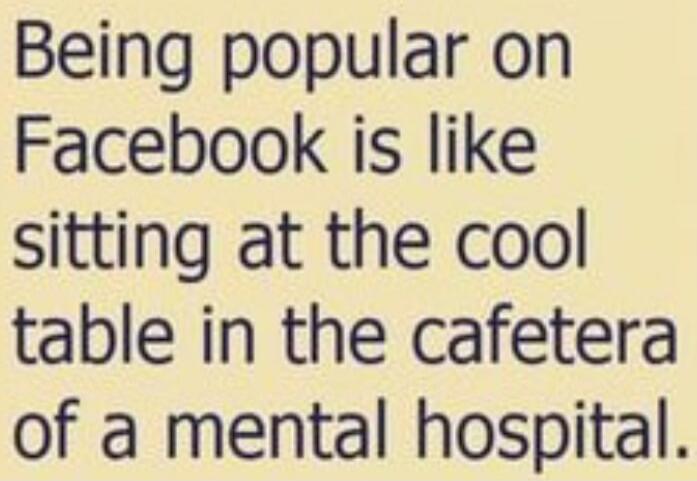 Being popular on Facebook is like sitting at the cool table in the cafeteria of a mental hospital.