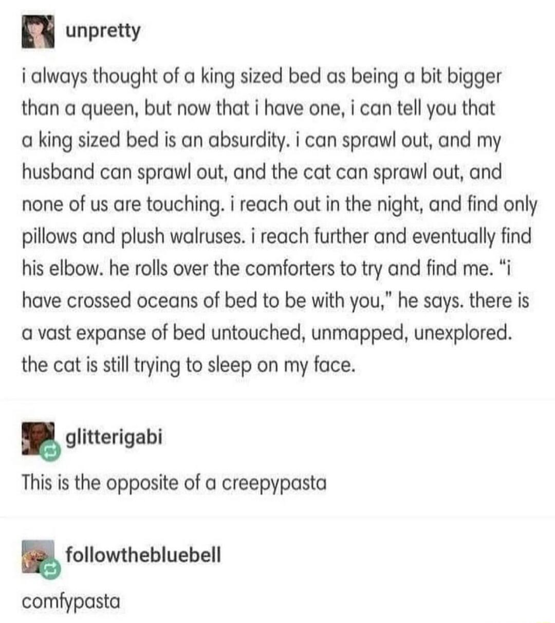 E unpretty i always thought of a king sized bed as being a bit bigger than a queen but now that i have one i can tell you that a king sized bed is an absurdity i can sprawl out and my husband can sprawl out and the cat can sprawl out and none of us are touching i reach out in the night and find only pillows and plush walruses i reach further and eventually find his elbow he rolls over the comforte