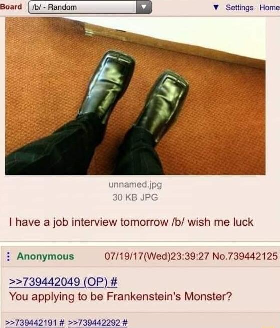 Board b Random Settings Home have a job interview tomorrow b wish me luck i Anonymous 071917Wed233927 No739442125 739442049 OP You applying to be Frankensteins Monster 730442191 730442292