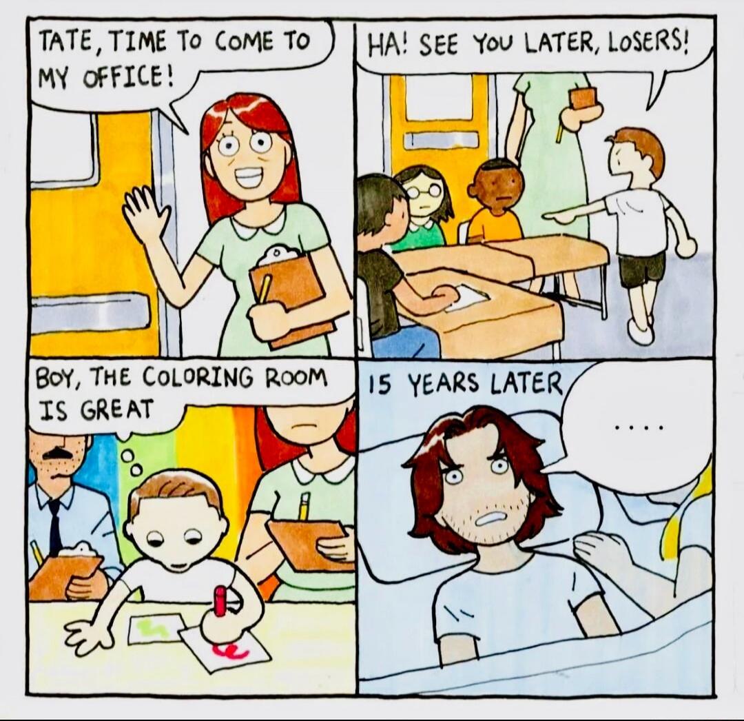 Tate, time to come to my office! Ha! See you later, losers! Boy, the coloring room is great. 15 years later...