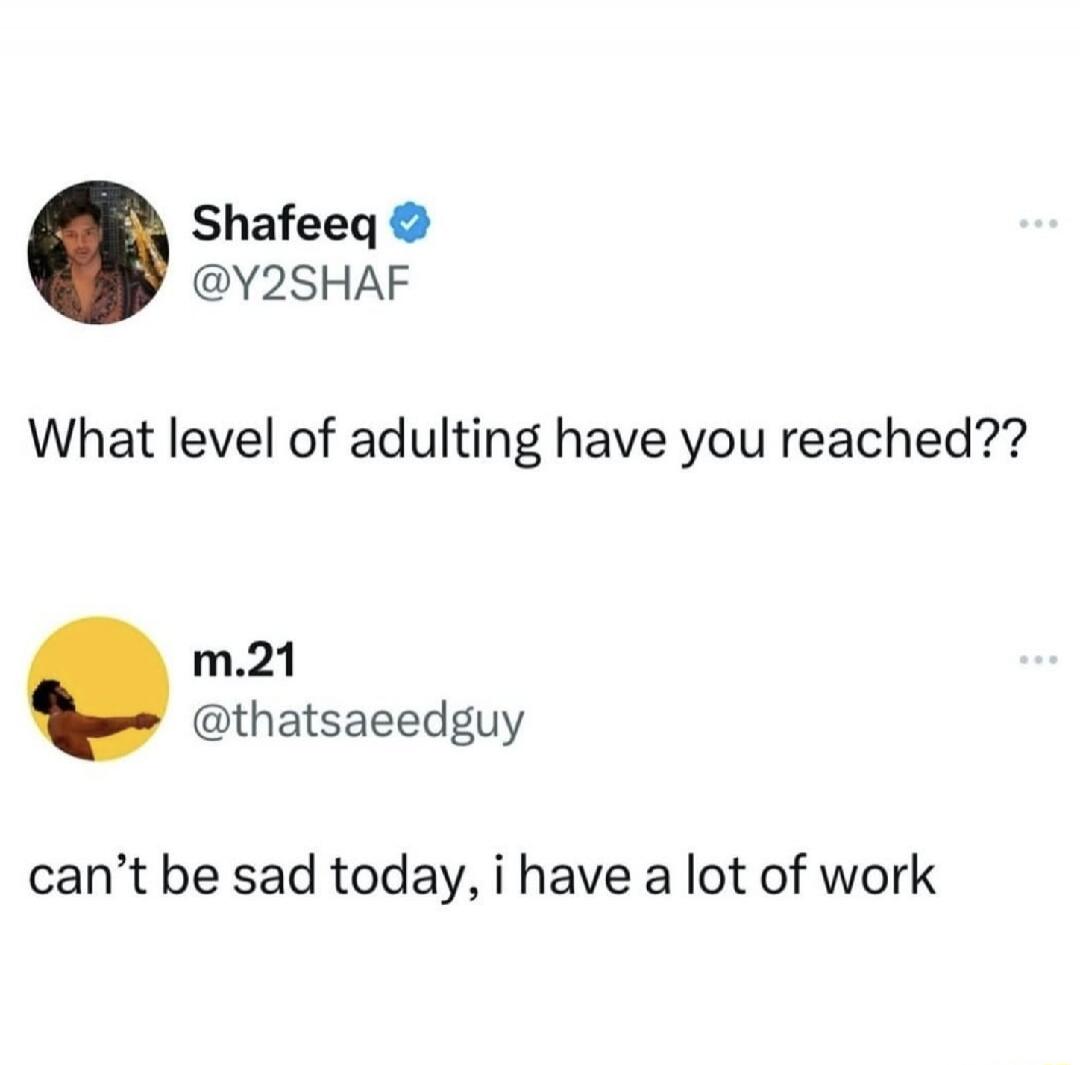 Shafeeq: What level of adulting have you reached?? m.21: can't be sad today, i have a lot of work