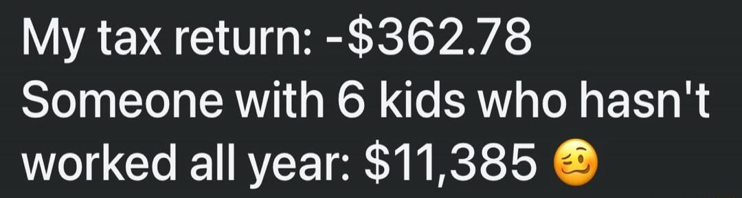 My tax return: -$362.78
Someone with 6 kids who hasn't worked all year: $11,385 😚
