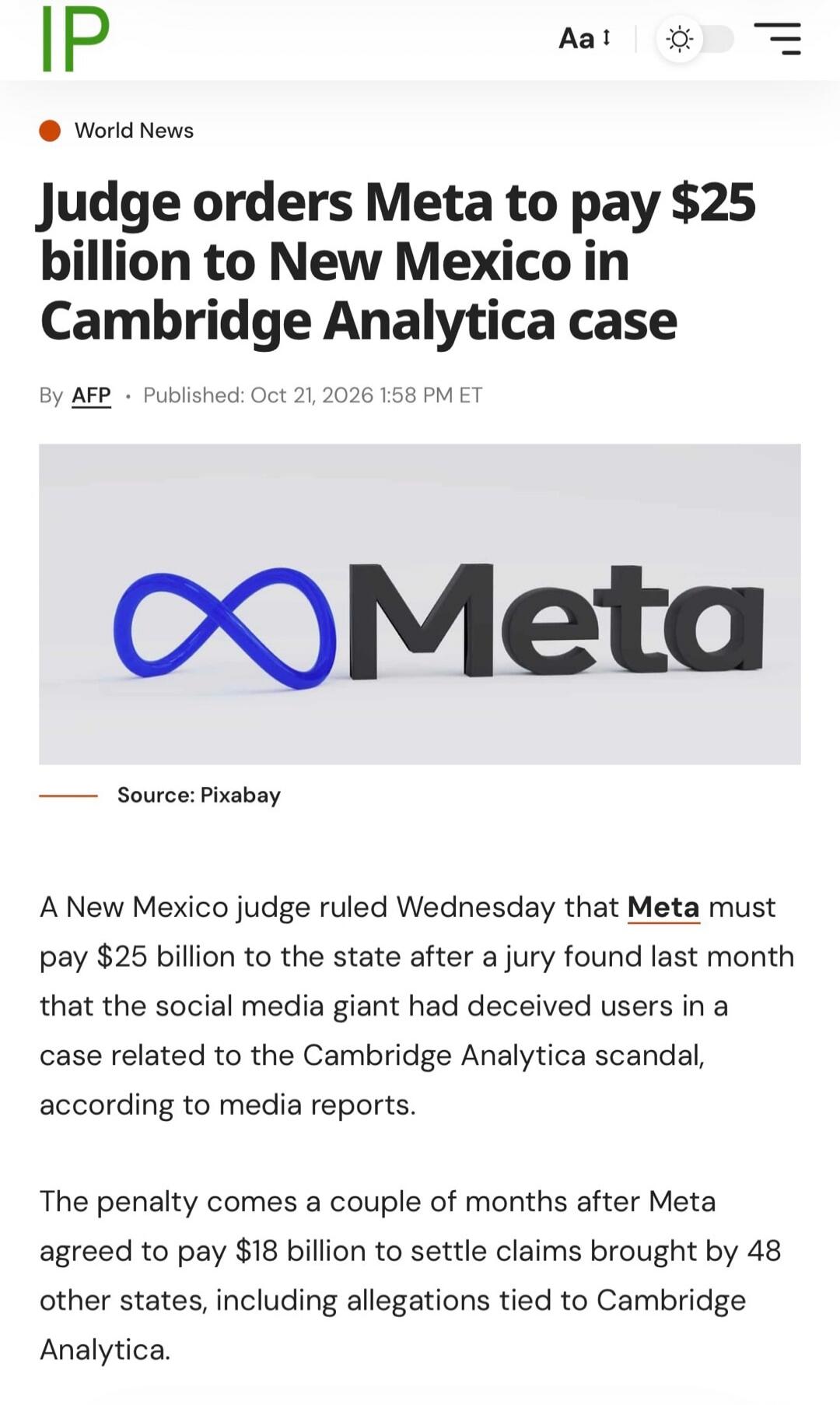 IP World News Judge orders Meta to pay $25 billion to New Mexico in Cambridge Analytica case By AFP Published: Oct 21, 2026 1:58 PM ET Source: Pixabay A New Mexico judge ruled Wednesday that Meta must pay $25 billion to the state after a jury found last month that the social media giant had deceived users in a case related to the Cambridge Analytic