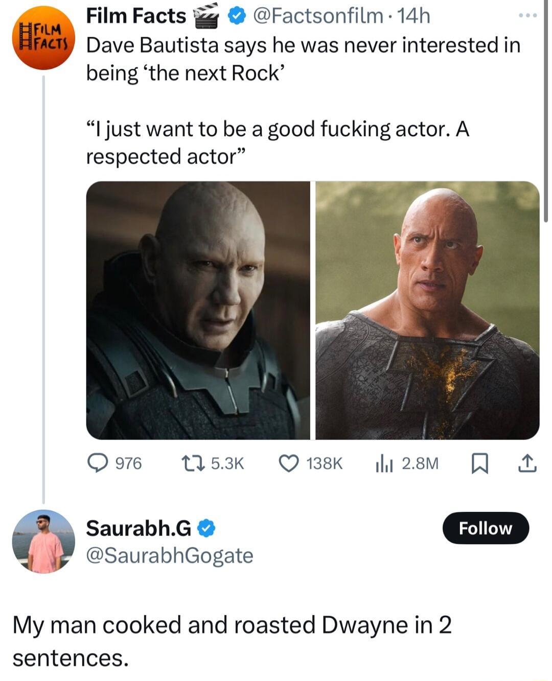 Bl Film Facts g Factsonfilm 14h 88l Dave Bautista says he was never interested in being the next Rock Ijust want to be a good fucking actor A respected actor WS Qo sk Qusk 2w SaurabhG m SaurabhGogate My man cooked and roasted Dwayne in 2 sentences