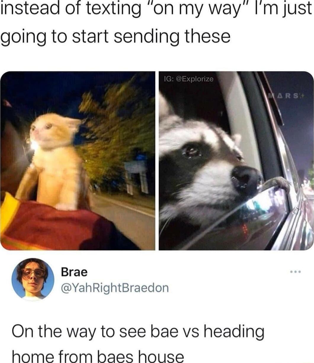 Instead of texting on my way Im just going to start sending these i Brae B YahRightBraedon On the way to see bae vs heading home from baes house