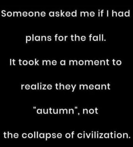 Someone asked me if had slc IR TR TR 1IN IR eTo Qo l NeNaplelysTo o realize they meant autumn not the collapse of civilization