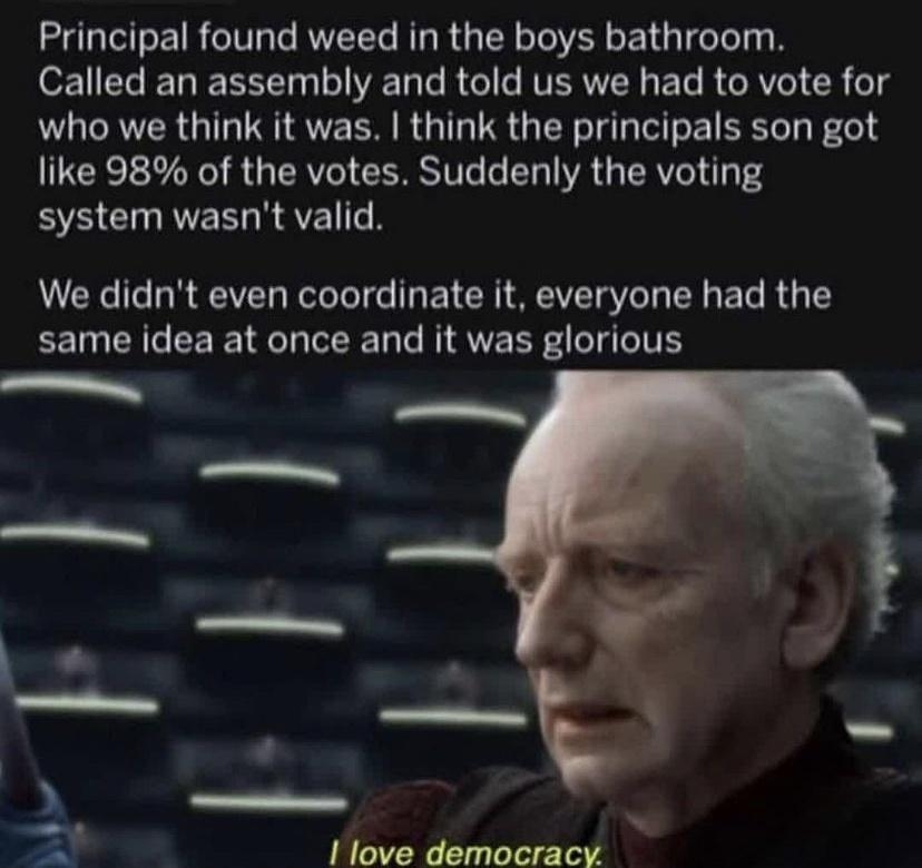 Principal found weed in the boys bathroom OF 1 T6 IFTa W T51T0 o YAFTa Vo I o e WUESRVVN s Yo R oRVe 1 R 014 who we think it was think the principals son got like 98 of the votes Suddenly the voting SV CINRAE RAVE o R We didnt even coordinate it everyone had the same idea at once and it was glorious love democracy