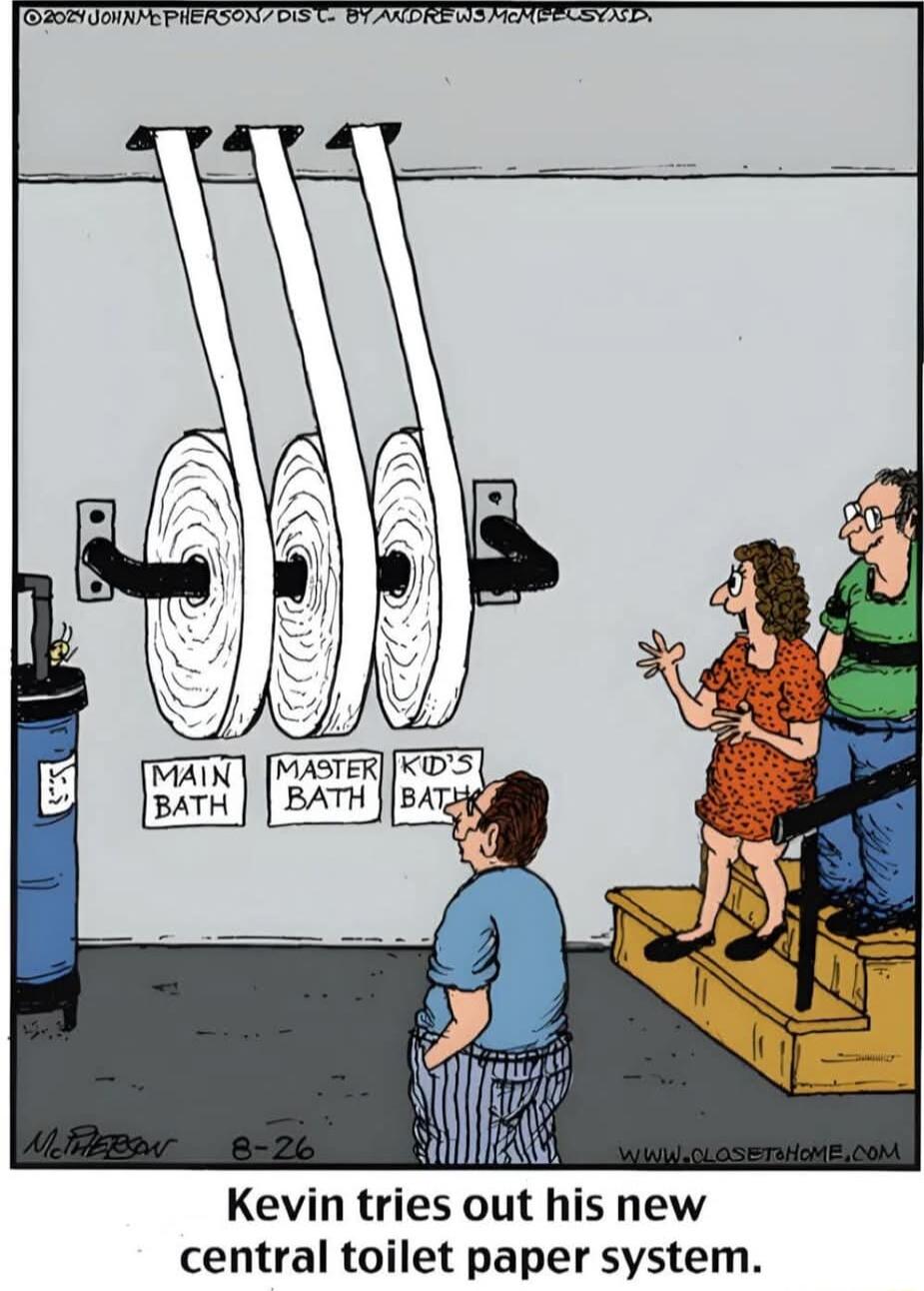 Kevin tries out his new central toilet paper system