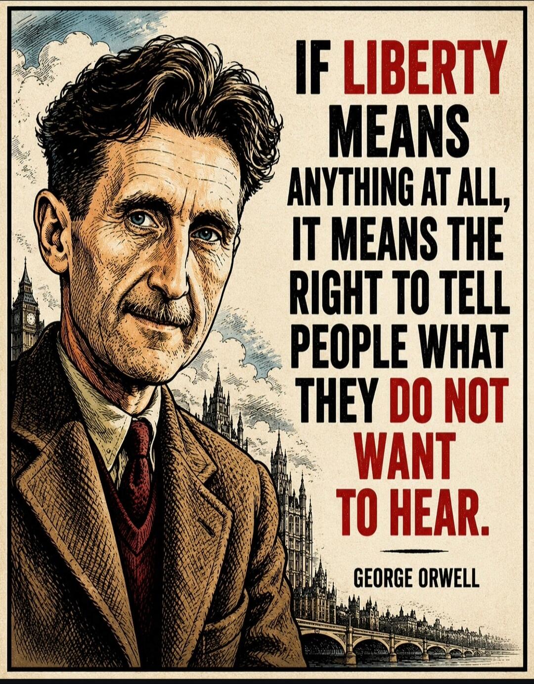 IF LIBERTY MEANS ANYTHING AT ALL, IT MEANS THE RIGHT TO TELL PEOPLE WHAT THEY DO NOT WANT TO HEAR. GEORGE ORWELL