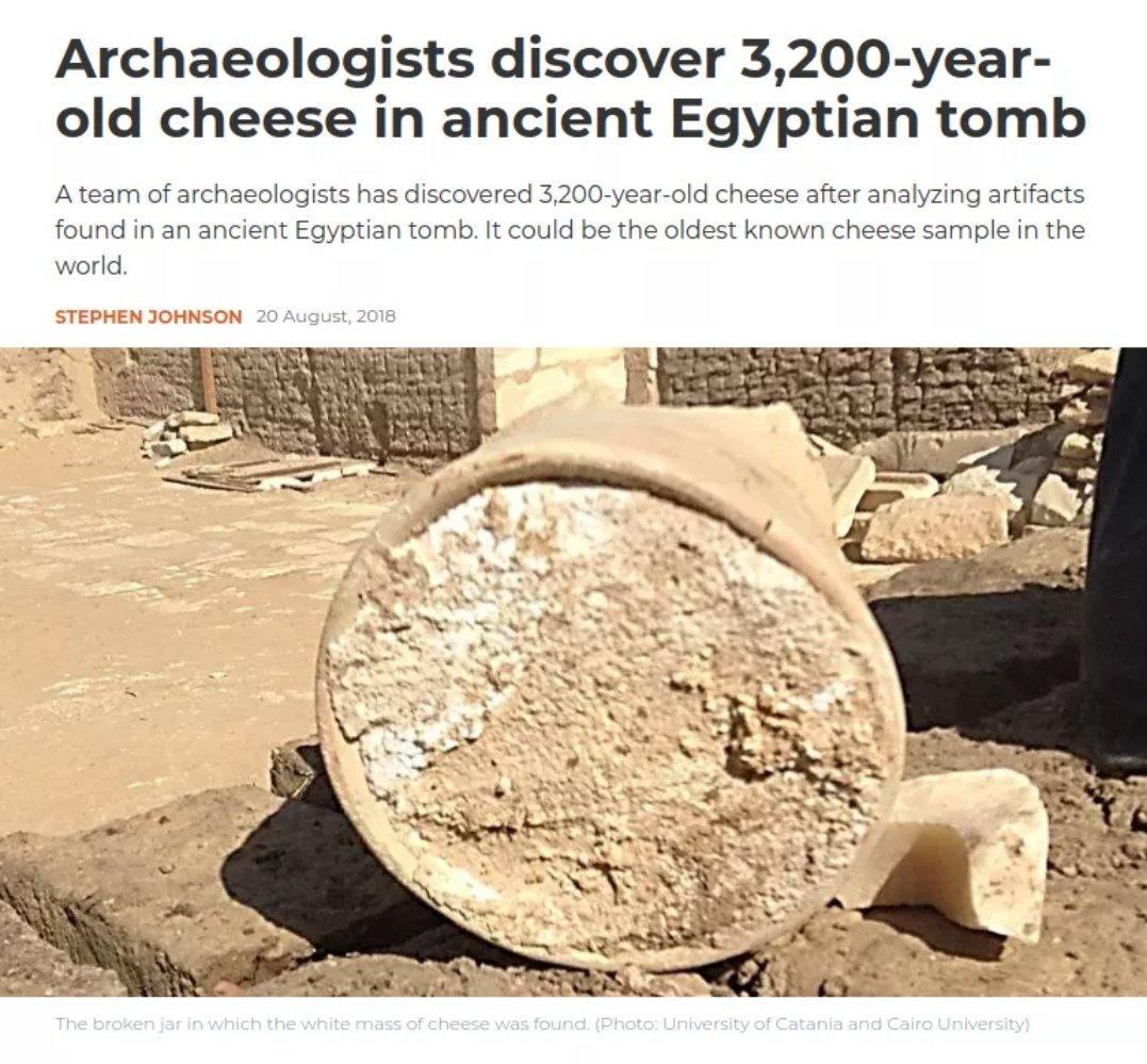 Archaeologists discover 3200 year old cheese in ancient Egyptian tomb A team of archaeologists has discovered 3200 year old cheese after analyzing artifacts found in an ancient Egyptian tomb It could be the oldest known cheese sample in the world
