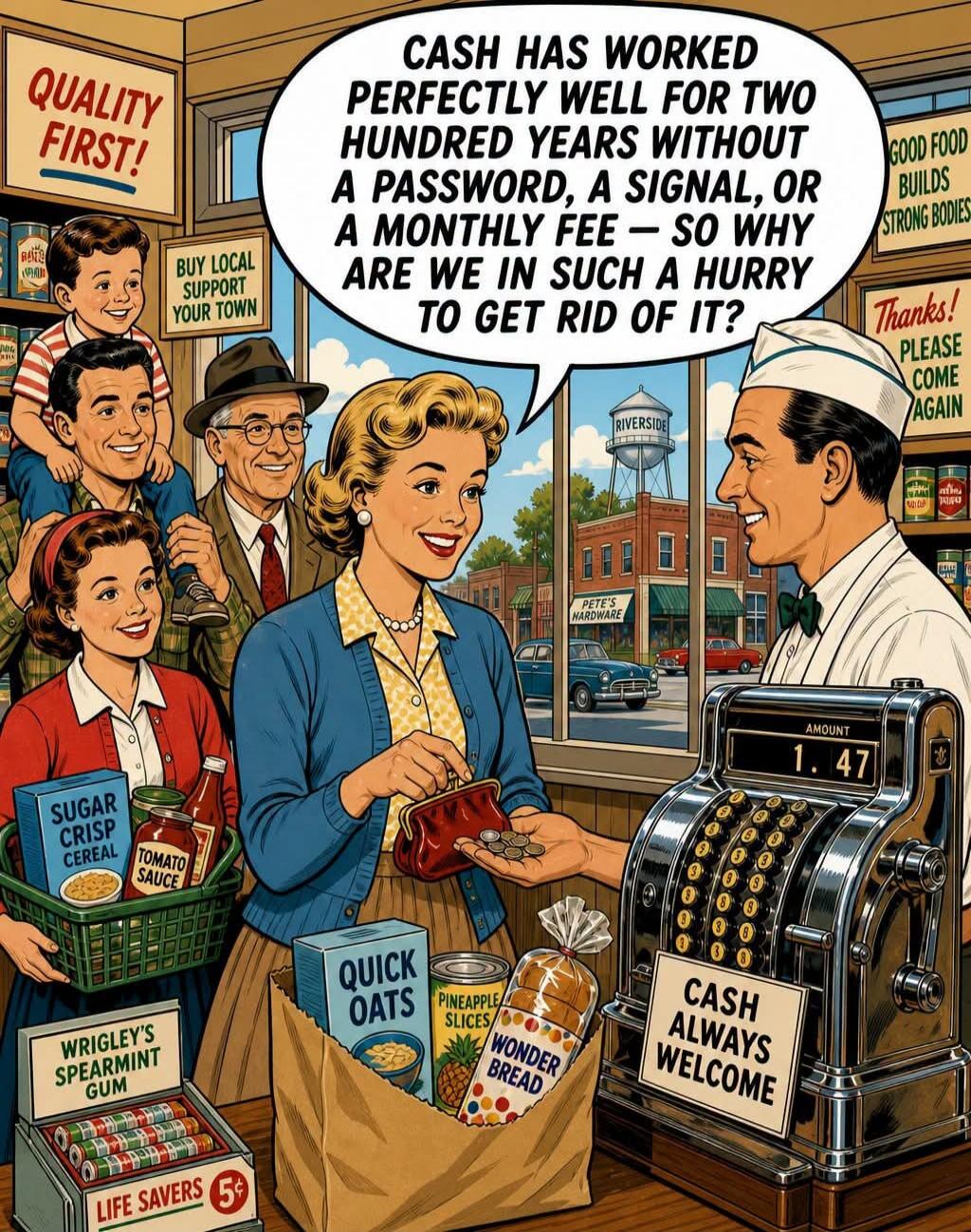 CASH HAS WORKED PERFECTLY WELL FOR TWO HUNDRED YEARS WITHOUT A PASSWORD, A SIGNAL, OR A MONTHLY FEE - SO WHY ARE WE IN SUCH A HURRY TO GET RID OF IT? QUALITY FIRST! BUY LOCAL SUPPORT YOUR TOWN GOOD FOOD BUILDS STRONG BODIES Thanks! PLEASE COME AGAIN SUGAR CRISP CEREAL TOMATO SAUCE WRIGLEY'S SPEARMINT GUM LIFE SAVERS 5¢ QUICK OATS PINEAPPLE SLICES W