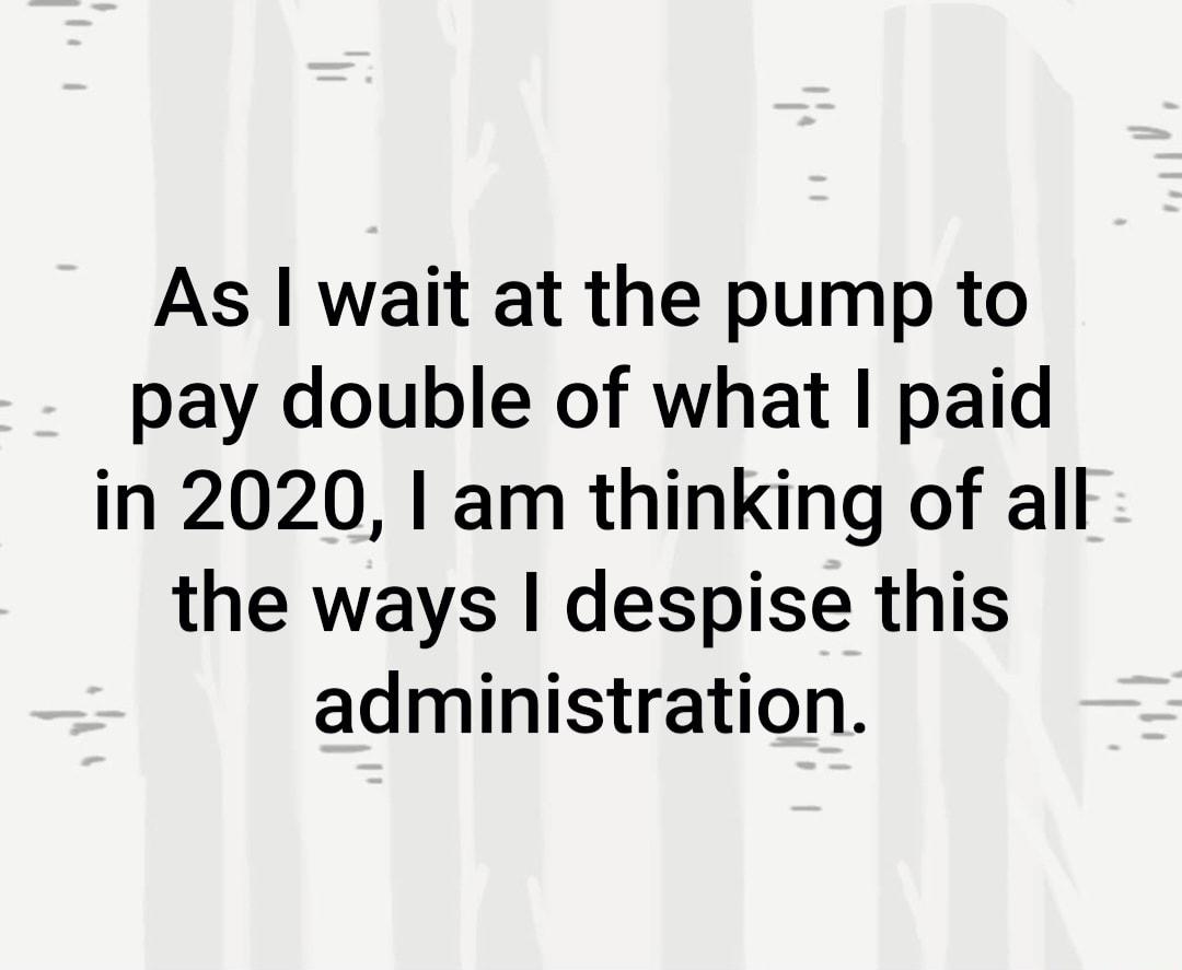 As wait at the pump to pay double of what paid in 2020 am thinking of all the ways despise this administration