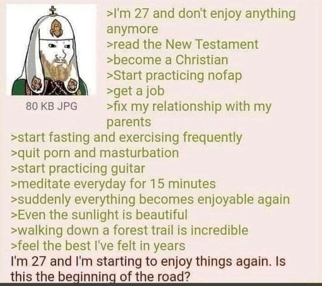 112420Tue154045 No61062269 Im 27 and dont enjoy anything anymore read the New Testament become a Christian Start practicing nofap get a job 80KB JPG fix my relationship with my parents start fasting and exercising frequently quit porn and masturbation start practicing guitar meditate everyday for 15 minutes suddenly everything becomes enjoyable again Even the sunlight is beautiful walking down a f
