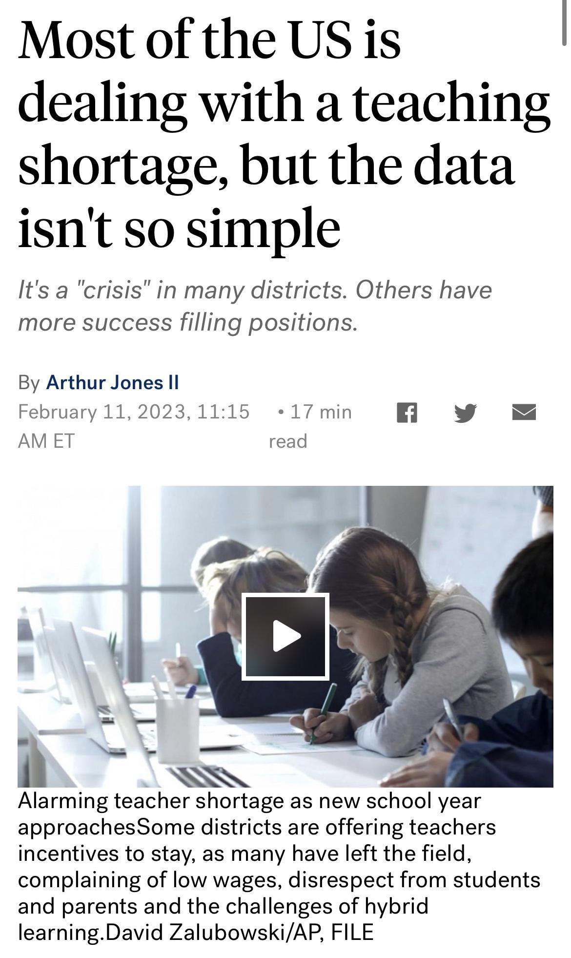Most of the US is dealing with a teaching shortage but the data isnt so simple Its a crisis in many districts Others have more success filling positions By Arthur Jones Il Alarming teacher shortage as new school year approachesSome districts are offering teachers incentives to stay as many have left the field complaining of low wages disrespect from students and parents and the challenges of hybri