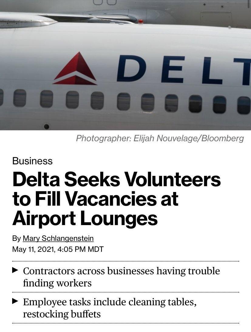 Photographer Elijah NouvelageBloomberg Business Delta Seeks Volunteers to Fill Vacancies at Airport Lounges By Mary Schlangenstein May 11 2021 405 PM MDT Contractors across businesses having trouble finding workers Employee tasks include cleaning tables restocking buffets