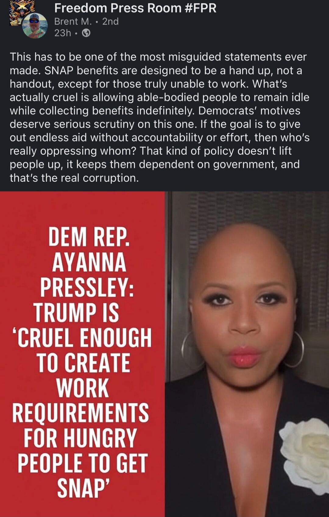 This has to be one of the most misguided statements ever made. SNAP benefits are designed to be a hand up, not a handout, except for those truly unable to work. What's actually cruel is allowing able-bodied people to remain idle while collecting benefits indefinitely. Democrats' motives deserve serious scrutiny on this one. If the goal is to give o