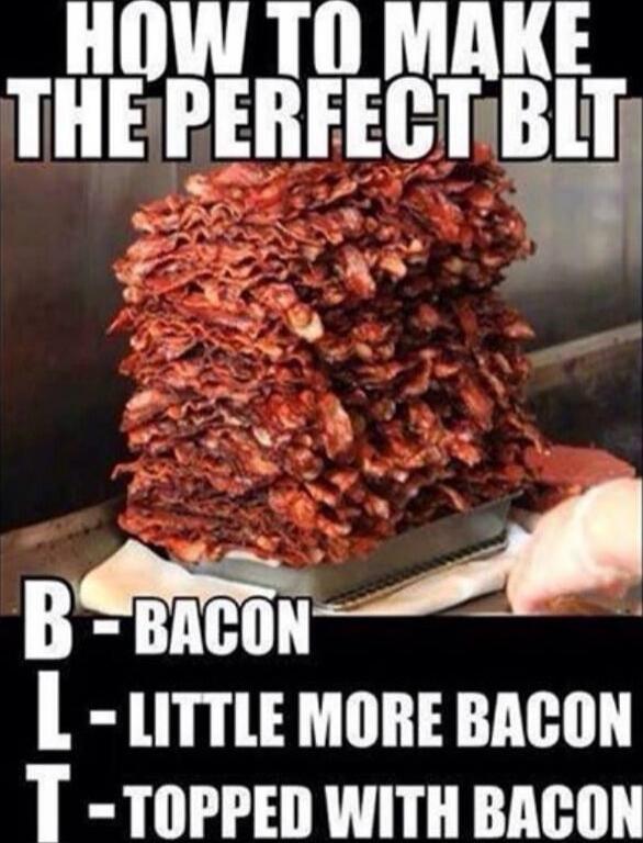 HOW TO MAKE THE PERFECT BLT
B - BACON
L - LITTLE MORE BACON
T - TOPPED WITH BACON
