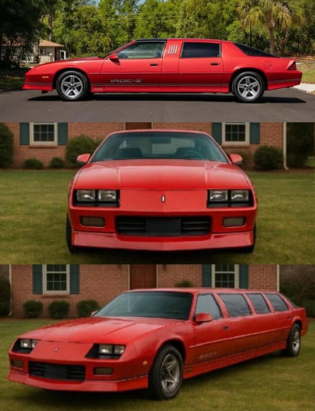 Three red cars shown from different angles: a side profile of a late-model Pontiac Firebird Trans Am, a front view of a red Pontiac Firebird, and a stretched red limousine-style Firebird.