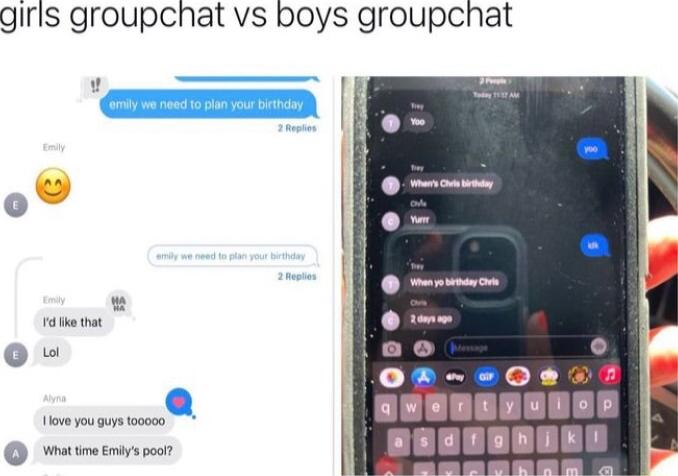 giris groupchat vs boys groupchat Qu e iy oot