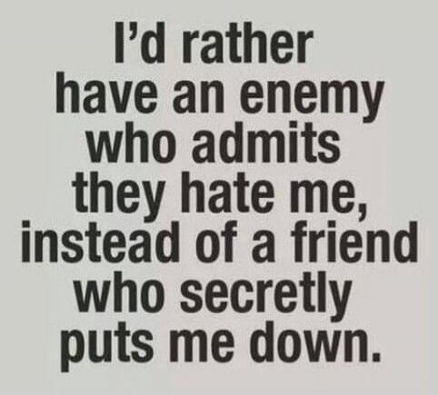 I'd rather have an enemy who admits they hate me, instead of a friend who secretly puts me down.