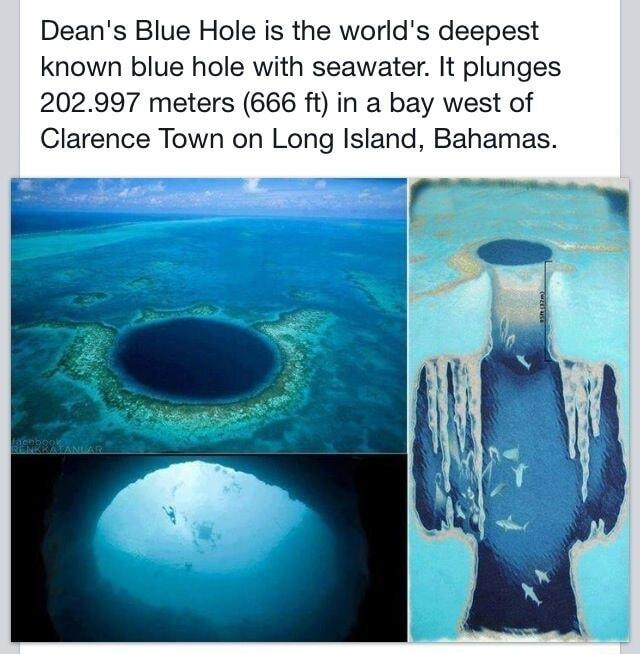 Deans Blue Hole is the worlds deepest known blue hole with seawater It plunges 202997 meters 666 ft in a bay west of Clarence Town on Long Island Bahamas y