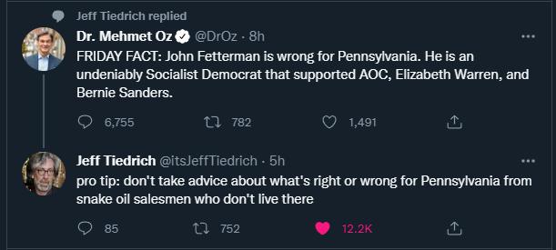 et Tiearich replied Dr Mehmet 02 G010z 51 FRIDAY FACT John Fetterman is wrong for Pennsylvania He s an undeniably Socialist Democrat that supported AOC Elizabeth Warren and ey oms am o Al et Trich o Tecrcn 51 pro tip dont take advice about whats right or wrong for Pennsylvania from Snake oi salesmen who dont v there uox
