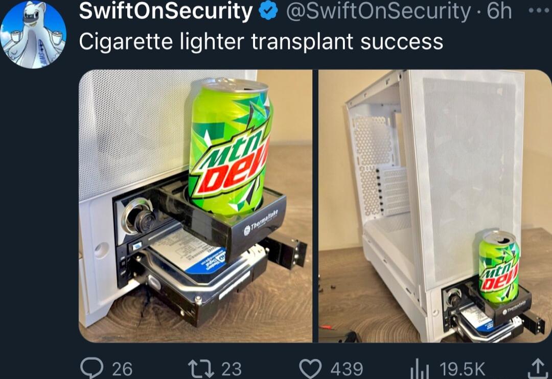 0 SwiftOnSecurity SwiftOnSecurity 6h Cigarette lighter transplant success O 26 1123 Q 439 11 195k