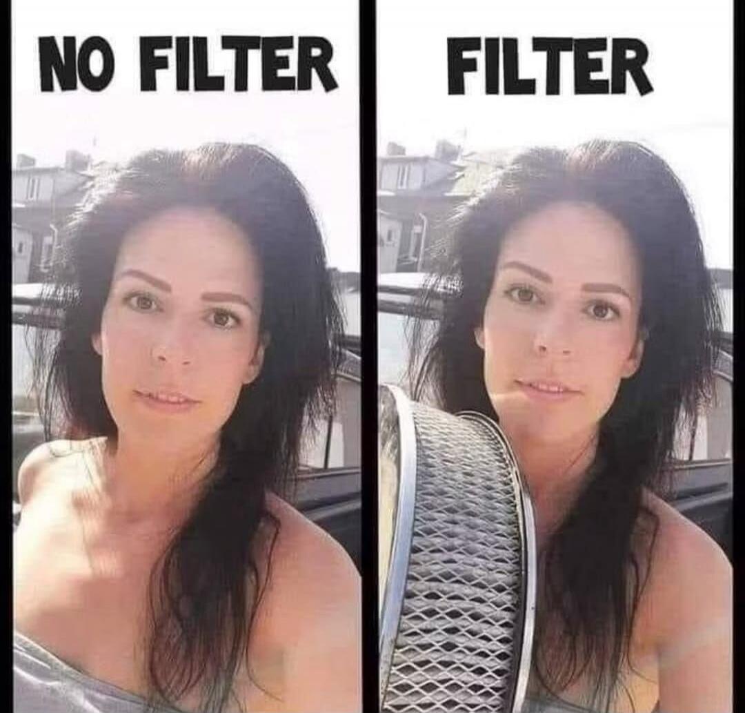 NO FILTER FILTER A woman holding an air filter in front of her face, contrasting with a picture of her without it, playing on the word 'filter' in the context of photo editing.