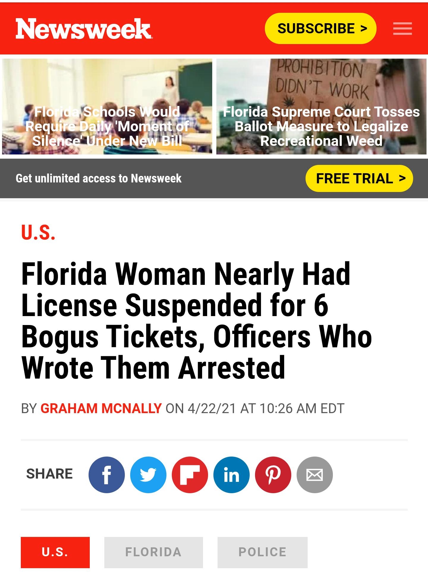 SUBSCRIBE lorida Supreme Court Toss 2E116 W WTe1F4 g Re Get unlimited access to Newsweek FREE TRIAL l oI ER QILI 28 Y e I Fi Sk b Loy o L 2 O 1 t A Bil P Florida Woman Nearly Had License Suspended for 6 Bogus Tickets Officers Who Wrote Them Arrested BY LLY ON 42221 AT 1026 AM EDT QOGOQ FLORIDA POLICE