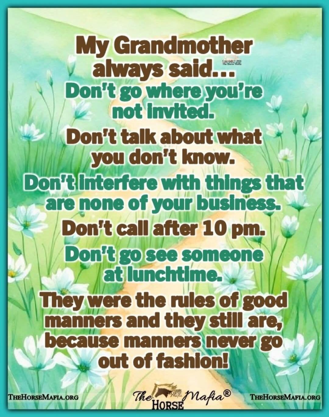 My Grandmother always said... Don't go where you're not invited. Don't talk about what you don't know. Don't interfere with things that are none of your business. Don't call after 10 pm. Don't go see someone at lunchtime. They were the rules of good manners and they still are, because manners never go out of fashion!
