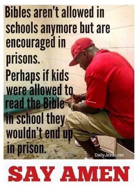 Bibles arent allowed in schools anymore hut are encouraged in prisons i Perhaps if kids ieiealowed