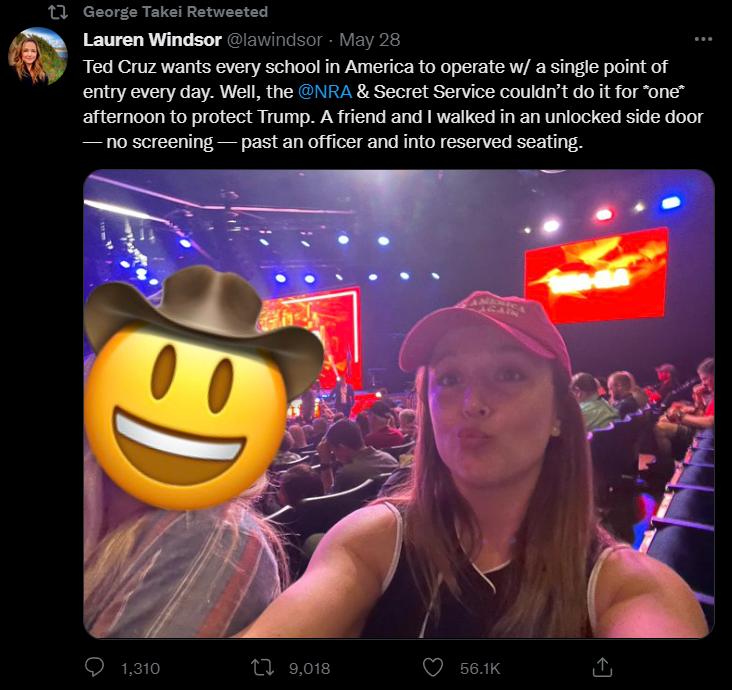 Lauren Windsor 541501 oy 75 Ted Cruz wants every school in America o operate w a single point of entry every day Well the 2117 Secret Service couldnt do it for one afternoon to protect Trump A friend and walked in an unlocked side door no screening past an officer and into reserved seating