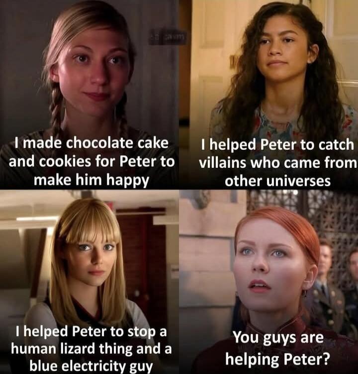 I made chocolate cake and cookies for Peter to make him happy
I helped Peter to catch villains who came from other universes
I helped Peter to stop a human lizard thing and a blue electricity guy
You guys are helping Peter?