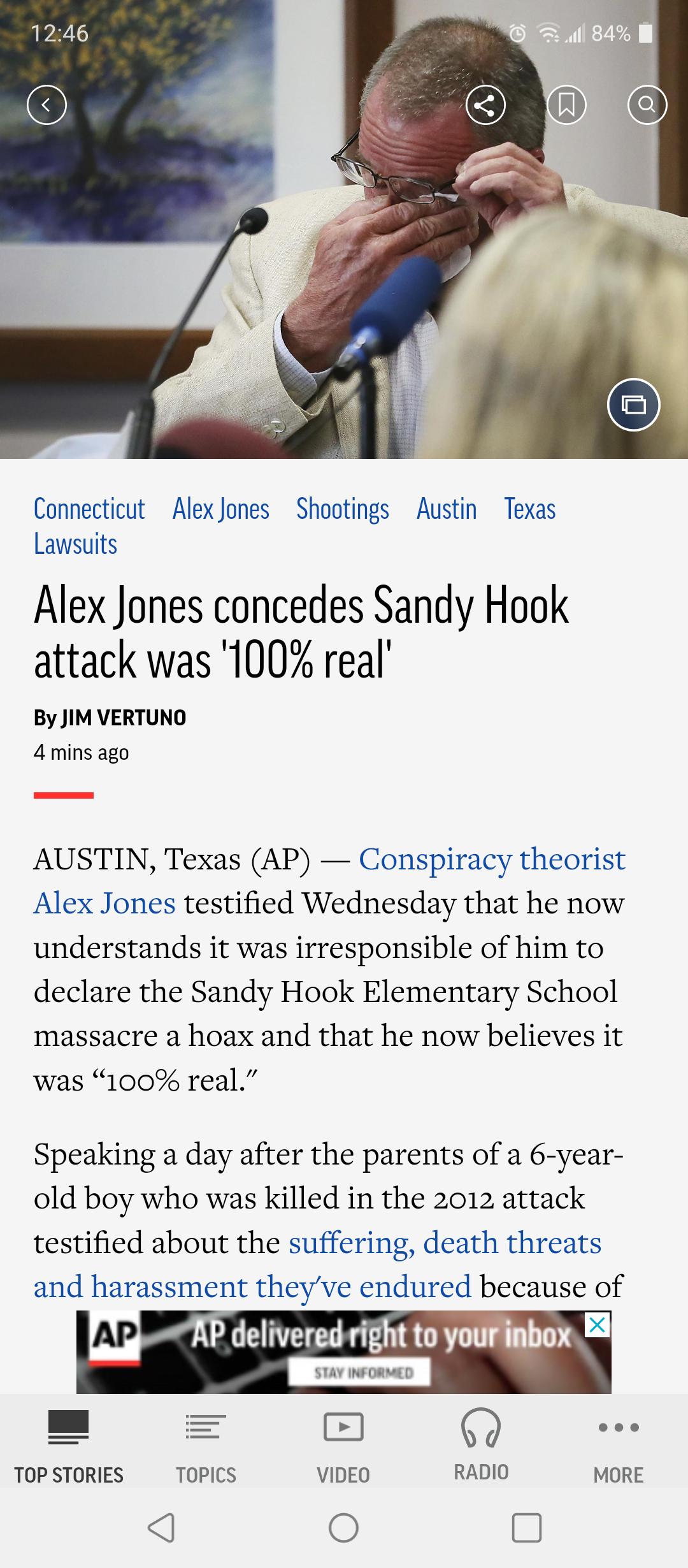 Connecticut Alex Jones Shootings Austin Texas Lawsuits Alex Jones concedes Sandy Hook attack was 100 real By JIM VERTUNO 4mins ago AUSTIN Texas AP Conspiracy theorist Alex Jones testified Wednesday that he now understands it was irresponsible of him to declare the Sandy Hook Elementary School massacre a hoax and that he now believes it was 100 real Speaking a day after the parents of a 6 year old 