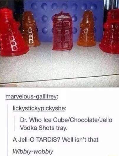 marvelous gallifrey lickystickypickyshe Dr Who Ice CubeChocolateJello Vodka Shots tray A Jell O TARDIS Well isnt that Wibbly wobbly