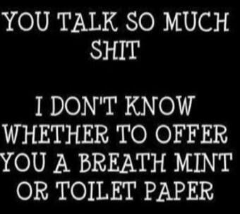 YOU TALK SO MUCH SHIT I DON'T KNOW WHETHER TO OFFER YOU A BREATH MINT OR TOILET PAPER
