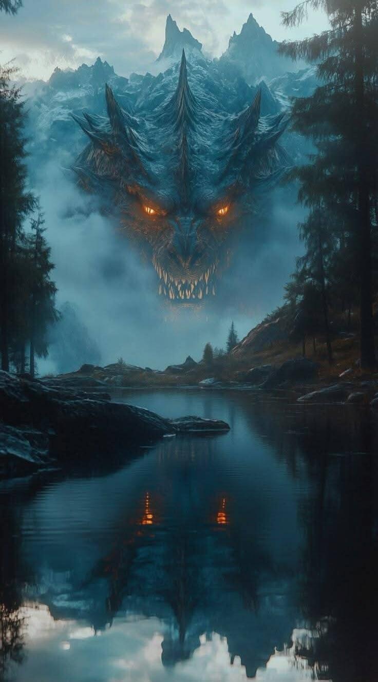A dramatic fantasy scene featuring a dragon-like head with glowing orange eyes emerging from mist over a forest lake.