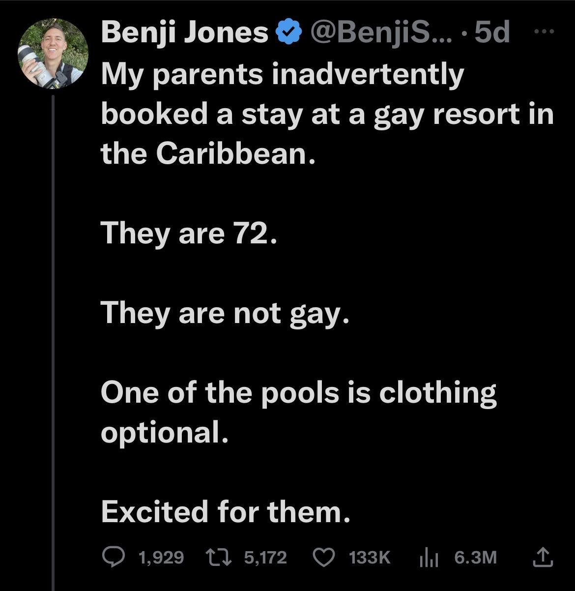Beniji Jones BenjiS 5d AR ETENTERNET 1 114 booked a stay at a gay resort in the Caribbean They are 72 LGEECL U FEA One of the pools is clothing TOLETR SCIELRTR TN Q1920 1572 O 133Ky 63