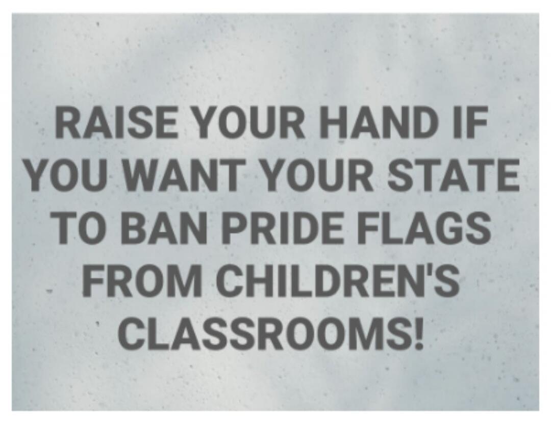 RAISE YOUR HAND IF YOU WANT YOUR STATE TO BAN PRIDE FLAGS FROM CHILDREN'S CLASSROOMS!