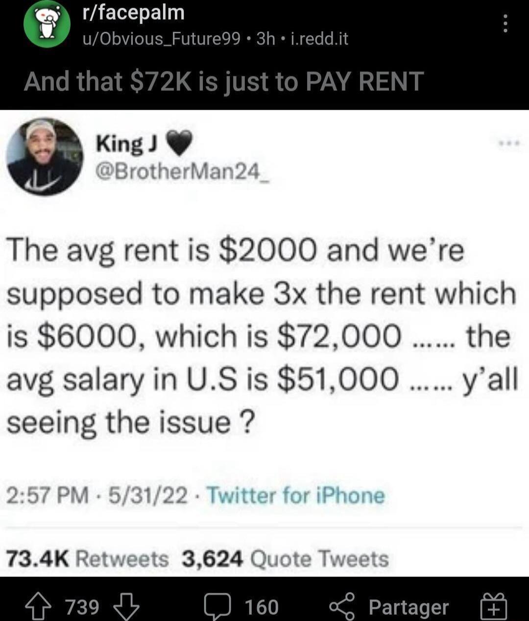 8 King The avg rent is 2000 and were supposed to make 3x the rent which is 6000 which is 72000 the avg salary in US is 51000 yall seeing the issue