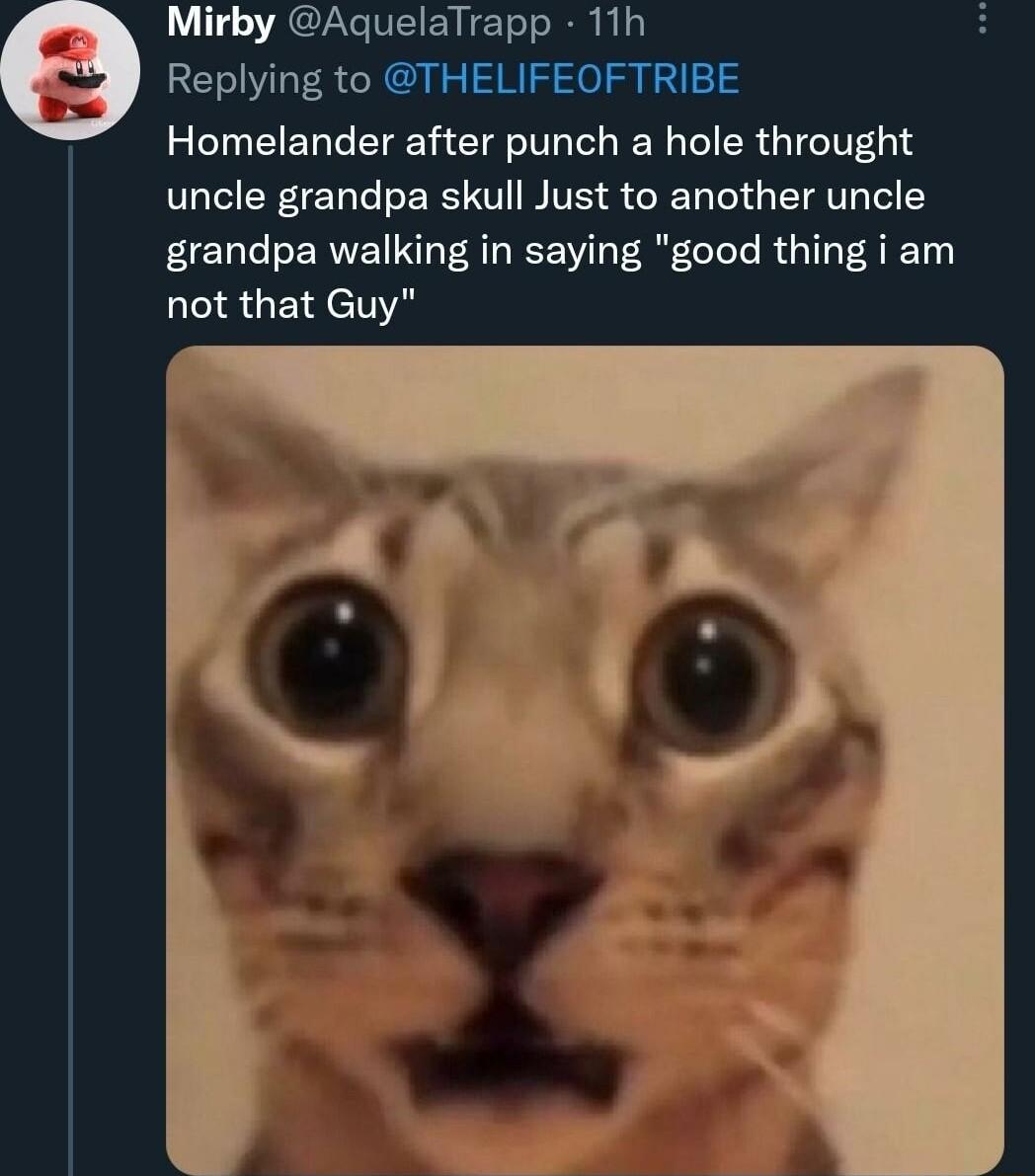 O L S ACEGTEE T R Replying to THELIFEOFTRIBE Homelander after punch a hole throught uncle grandpa skull Just to another uncle grandpa walking in saying good thing i am not that Guy